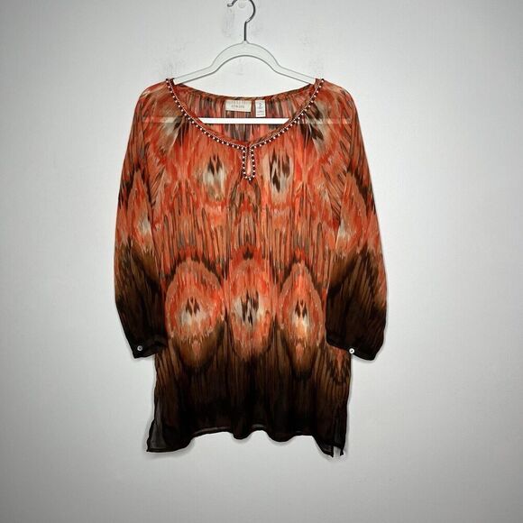 Chicos Top Womens Large Orange Sheer Beaded Chiffon 3/4 Sleeve Shirt Flowy Boho - Picture 8 of 11
